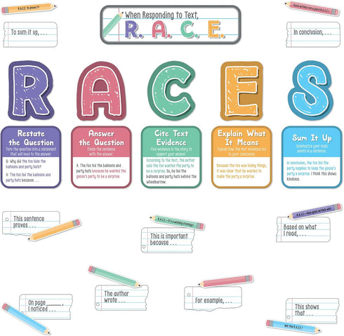 Carson Dellosa 37-Piece R.A.C.E. Writing Strategy Bulletin Board Set, Informational Charts, Sentence Starters, Pencils