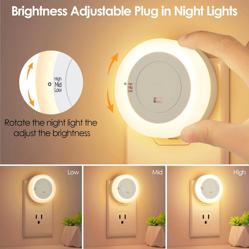 Dimmable 2-Pack FOLKSMATE LED Night Lights Plug in, Nightlight Plug Into Wall with Light Sensor, Soft White Adjustable