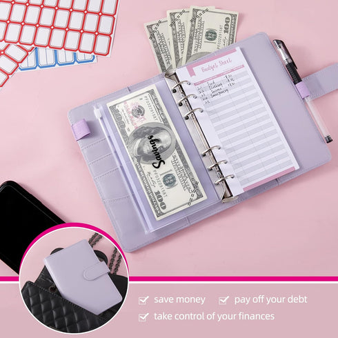 NICOOTH Budget Binder Cash Envelopes A6 Money Saving Binder with Zipper Envelopes (Purple)
