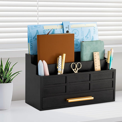 Black Wood Desk Organizer with Drawer, Rustic Bill Mail Organizer and File Holder for Office Supplies