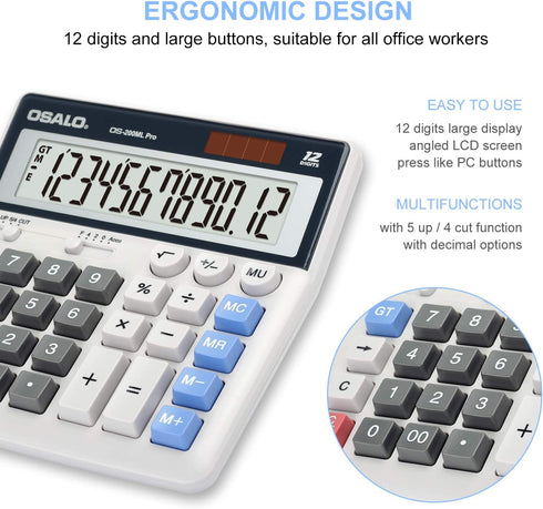 OSALO Desktop Calculator, Extra Large Display 12 Digits, Big Buttons Solar Accounting Calculator for Office