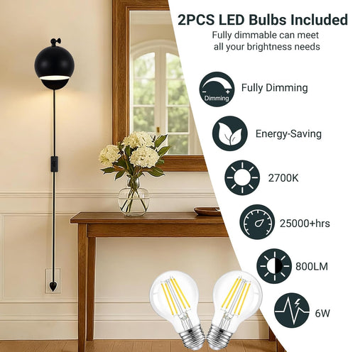 Btvsd Set 2, Bathroom(2 Bulbs Plug in Wall Sconces of Adjustable Angle Black Wall Lights with Plug in Cord & On/Off