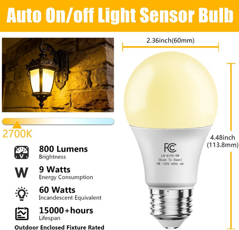 4 Pack A19 Bulbs 60W 9W, Bulb, Bulb 2700K,E26 DAYBETTER Dusk to Dawn Light Outdoor, Equivalent, Energy Efficient Light