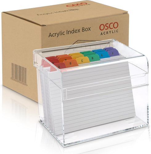 Osco 100 7" 5", 177 127 mm Clear Acrylic Index Box, Large, A to Z Divider Tabs, Lined Note Cards, x Ruled Revision