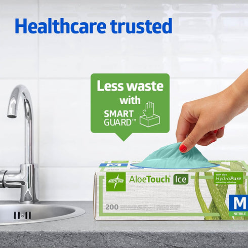 200 Count, Medline AloeTouch Ice Nitrile Exam Gloves, Small, Powder Free, Disposable, Soothes Hands, Tear Resistant
