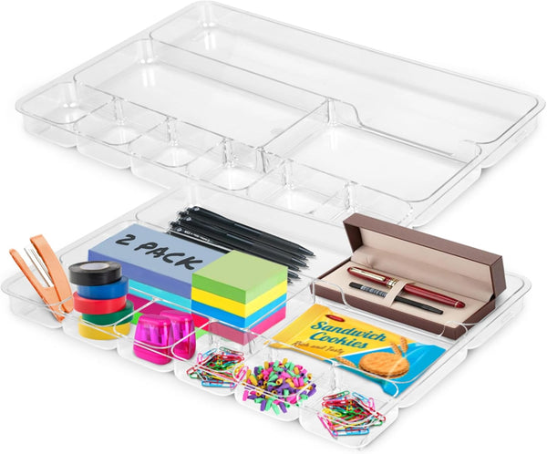 Manaloom Desk Drawer Organizer Tray, 9 Storage Compartments for Home and Office, Clear, 2 Pack