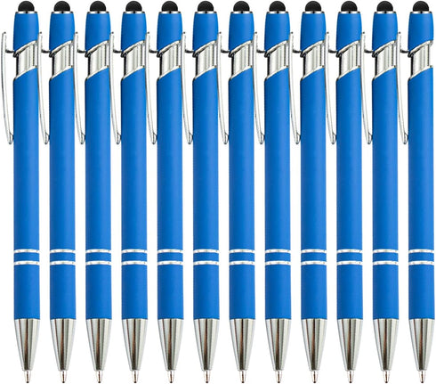 PASISIBICK 12 Pieces Blue Ballpoint Pen with Stylus Tip, 2 in 1 Stylish Metal Pen for Touch Screens, Black Ink (Light