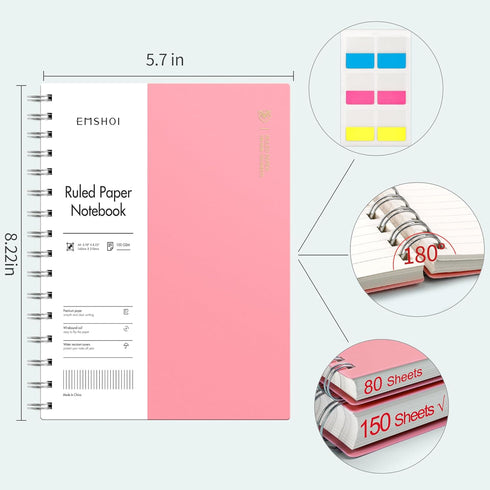 EMSHOI A5 Spiral Notebook College Ruled Lined Journal, Small 5.7" X 8.22", 300 Pages/150 Sheets, 100gsm Thick Paper, Waterproof Hardcover, for Office School Women Men Work Writing Notes-Pink by EMSHOI