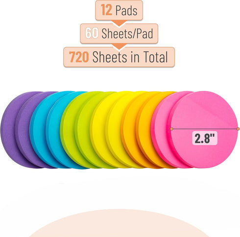 Mr. Pen- Round Sticky Notes, 12 Pads, 720 Sheets, 2.8" x 2.8" Colorful Sticky Notes Bulk, Circle Sticky Notes, Sticky Note, Self-Stick Note Pads, Sticky Pads Sticky Notes Aesthetic