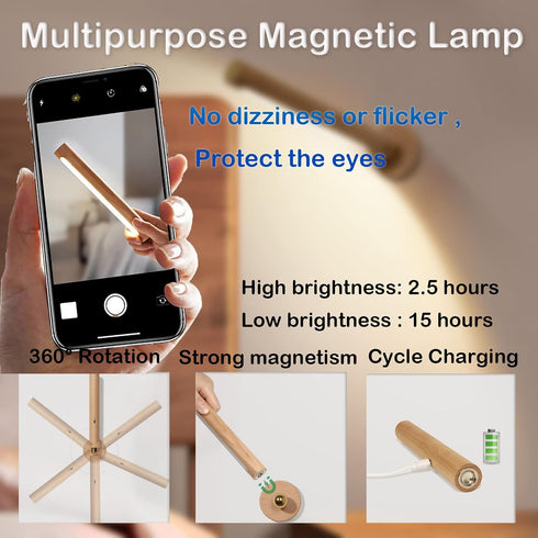 360 Dimmable TUNJINSHOU Rotatable Wooden Led - Magnetic Detachable Stepless Rechargeable Wall Light, Bedroom Living
