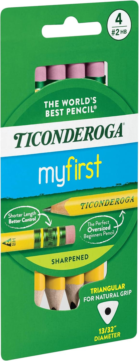 Ticonderoga My First Short Triangular Wood-Cased Pencils, 2 HB Soft with Erasers, Yellow, 4 Count