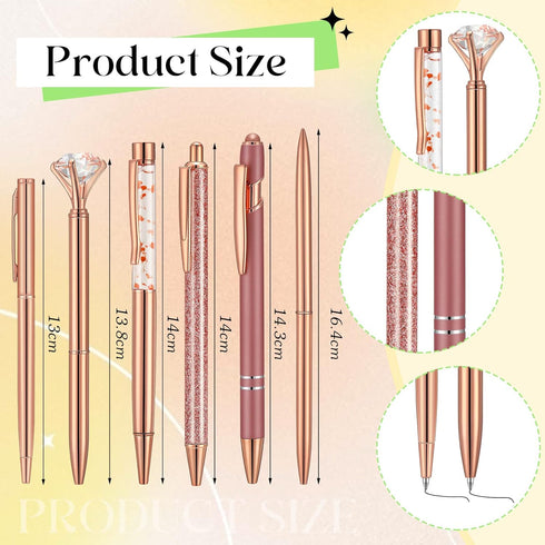 Ballpoint Pen Holder with 6 Glitter Bling Pens - Rose Gold Diamond Pencil Holder for Women, Office School Desk