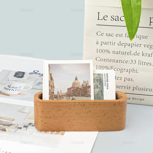 AUEAR 2 Pack Wood Business Card Holder for Desk, Beech Wooden Organizer Display Stand for Office Home Desktop
