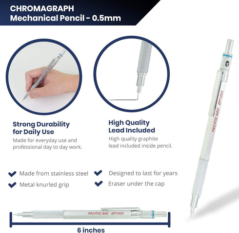 Pacific Arc Chromagraph Metal Mechanical Pencil .5 mm Silver Barrel Mechanical Pencil with Built In Adjustable Pencil Grade, Lead Pencil Holder for Drafting, Sketching, and Drawing by Pacific Arc