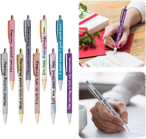 HOTBEST 9 Pcs Funny Seven Days of The Week Pen Set, Fun Ballpoint Pens Describing Mentality, Glitter Pen Set