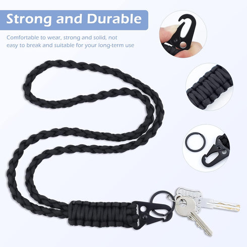 Heavy Duty Neck Lanyard Keychain for Men Women, Black Parachute Rope Necklace with HK Clip for ID Card Holder