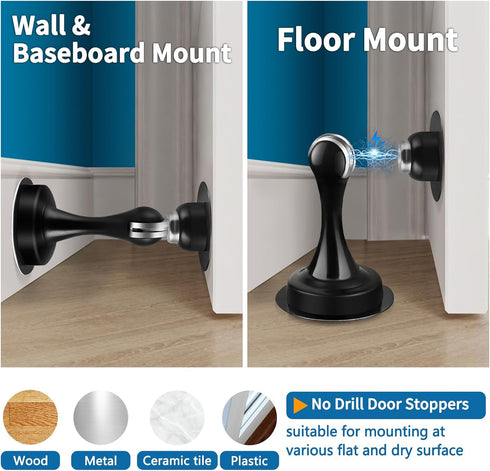 Magnetic Door Stopper, Self Adhesive Black Door Catch Holder for Wall or Floor Mounted, Stainless Steel