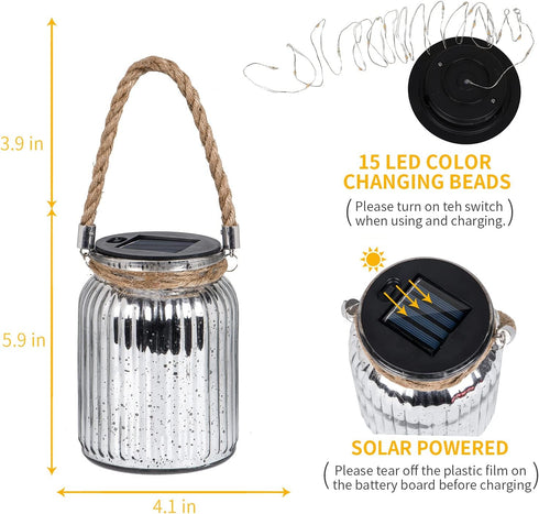 2 Pack,20 Hanging Solar Lantern Lights Outdoor LED Solar Mercury Glass Mason Jar Hanging Lights Waterproof for Tree