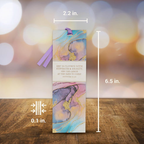 Christian Art Gifts Purple Marble Swirl Premium Scripture Bookmark with Strength and Dignity Proverbs 31:25 Bible