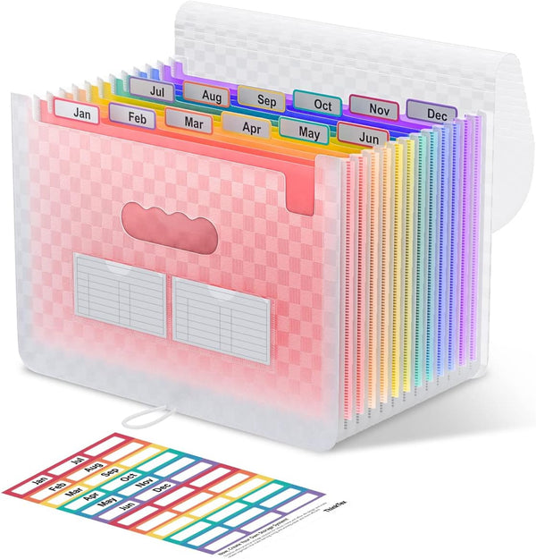 ThinkTex Accordion File Organizer, 12-Pocket Expanding Folders for Paper Receipts, Bills & Taxes, Pink