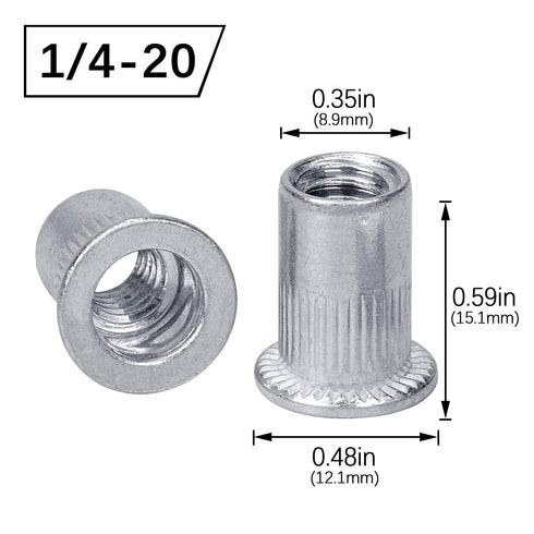 20Pcs Aluminum Flange Nut, 1/4-20UNC Rivet Nuts, Flat Head Threaded Insert