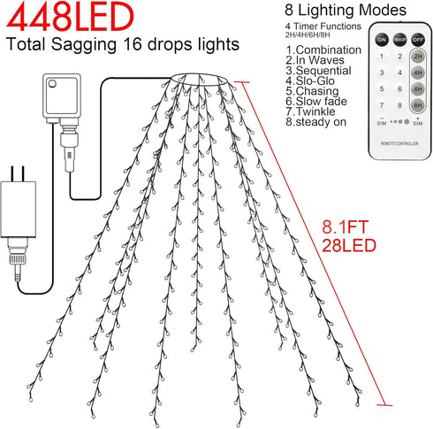 weillsnow 448 8 8.2ft16 Christmas Tree Lights, LED Waterfall Tree Topper Lights with Lighting Modes, Lines Plug
