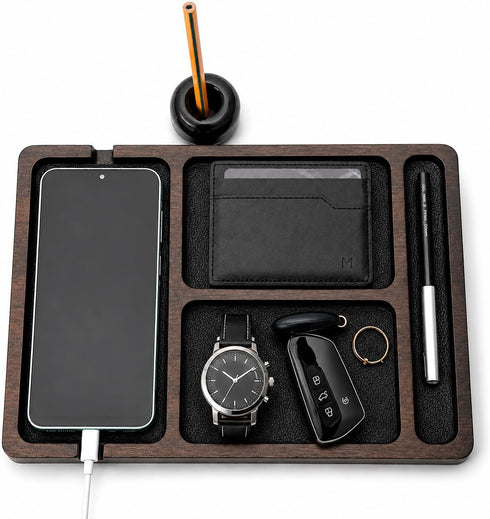 Desk Organizer Tray for Men with Ceramic Pen Holder, Wooden Valet Tray,