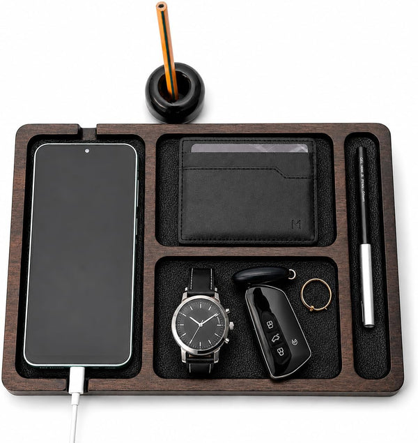 Desk Organizer Tray for Men with Ceramic Pen Holder, Wooden Valet Tray,