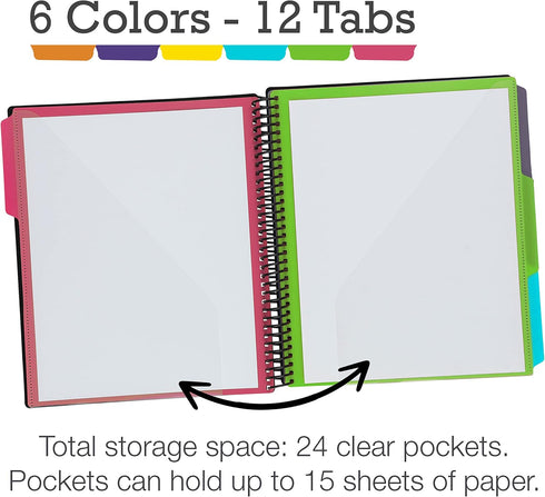 Samsill 2 Pack Deluxe 24 Pocket Spiral Project Folder Organizer with 12 Dividers and Zipper Pouch in Fashion Colors
