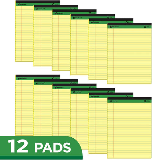KAISA Legal Pads, 8.5"x11.75" Wide Ruled Writing Pads, 50 Sheets, Recycled Paper, Canary (Pack of 12)