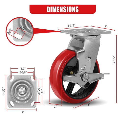 6"X2" Heavy Duty Industrial Casters: Crowned Polyurethane Tread, 1200 lbs Load Capacity, Swivel with Brake
