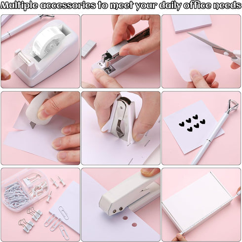 Cute White Desk Accessory Kit, Desktop Stapler Set with Staple Remover, Hole Punch, Tape Dispenser, Pen