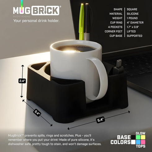 MugBrick Glowing Portable Silicone Cup Holder for Bed, Couch, Nightstand. Dishwasher Safe, Non-Spill Drink Holder