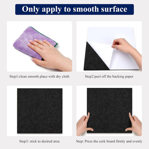 Felt Corkboards for Wall, 6 Pack 12 x 12-1/3" Black Self-Adhesive Cork Board Tiles with 100 Push Pins