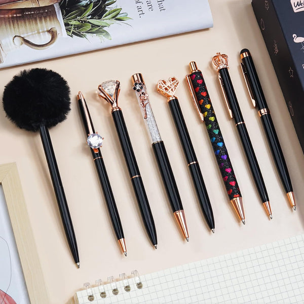 WEMATE 8Pcs Ballpoint Pens Set, Metal Crystal Diamond Glitter Pens for Journaling, Black & Blue Ink