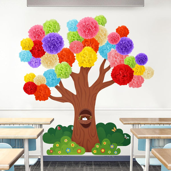 Classroom Tree Bulletin Board Set – 3D Tree Decoration with Paper Pom Poms for Preschool Kindergarten Back to School