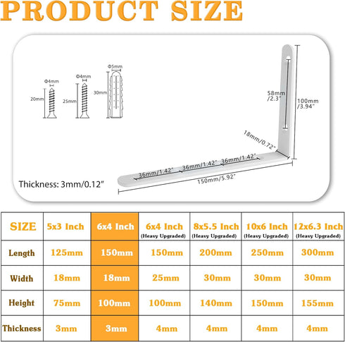 Support,6x4 Inch(Pack 4) Alise Floating Shelf Brackets,White Bracket for Shelves Heavy Duty L Bracket Corner