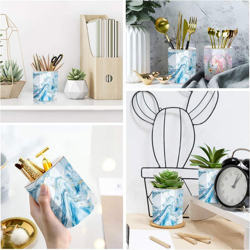 WAVEYU Marble Pattern Pen Holder, Durable Ceramic Pencil Cup for Desk Organizer, Makeup Brush Holder (Blue Marble)