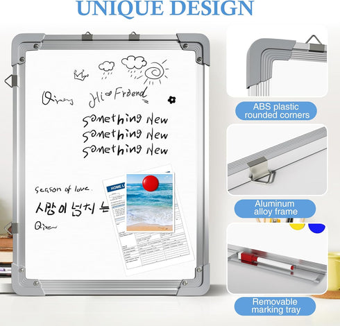 White Board Dry Erase - 12" x 16" Magnetic Double-Sided Board, 6 Markers, 4 Magnets, 1 Eraser for School, Office