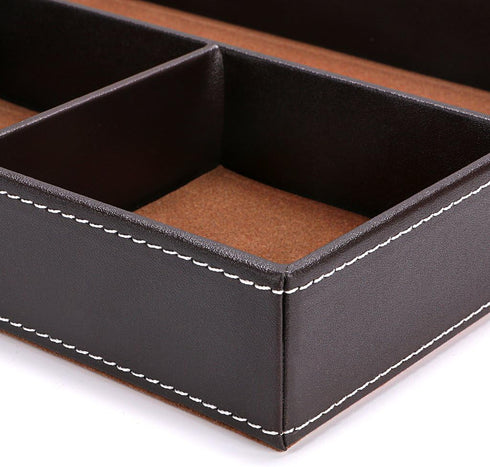 BTSKY 4 Slots Desk Drawer Organizer, PU Leather Divider for Office Desk Supplies, Multi-Purpose Storage Tray (Brown)