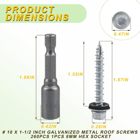 Metal Roofing Screws #10 x 1-1/2 inch Galvanized Hex Head, 260-PCS Self Tapping Screws with Test Hex Socket
