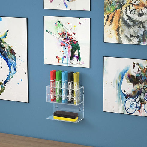 HIIMIEI Dry Erase Marker Holder for Whiteboard, Wall Mounted 2-Tier 10-Slot Acrylic Marker Organizer, Clear 2pcs