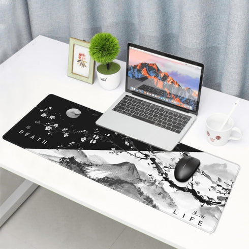 Black White Japanese Cherry Blossom Gaming Mouse Pad 31.5 X 11.8 Inch XL Pink Cool Design Big Mousepad Extended Large Laptop Keyboard Non-Slip Rubber Base with Stitched Edges for Home Office