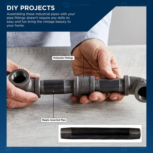 SupplyGiant 3/4 x 12 Inch Black Steel Pipe, Heavy Duty Industrial Malleable Iron for DIY Furniture