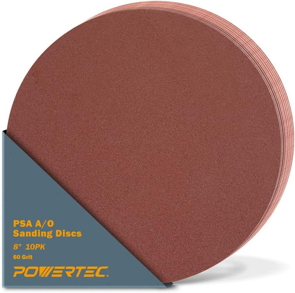 POWERTEC 10 PCS 60 Grit 8 Inch PSA Sanding Discs, Self Stick Adhesive Sandpaper for Drywall, Woodworking