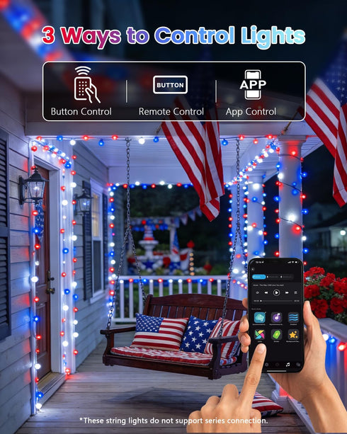 200LED 4th 82FT Smart of July String Lights | App Controlled Red White and Blue Lights, Waterproof Patriotic RGB Color