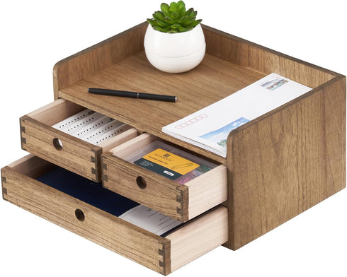 KIRIGEN Desk Organizer with Drawers - Wooden Storage Box with Trays for Office Supplies, Dark Brown