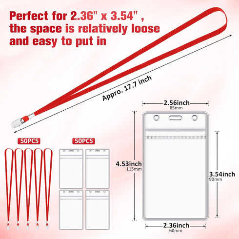 Marspark 100 Pcs Name Tag Lanyards with ID Holder for School Office Supplies (Red)