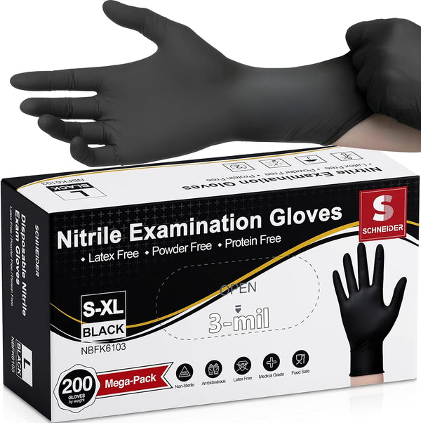 Schneider Nitrile Exam Gloves, Black Latex Free Powder Free Disposable Gloves for