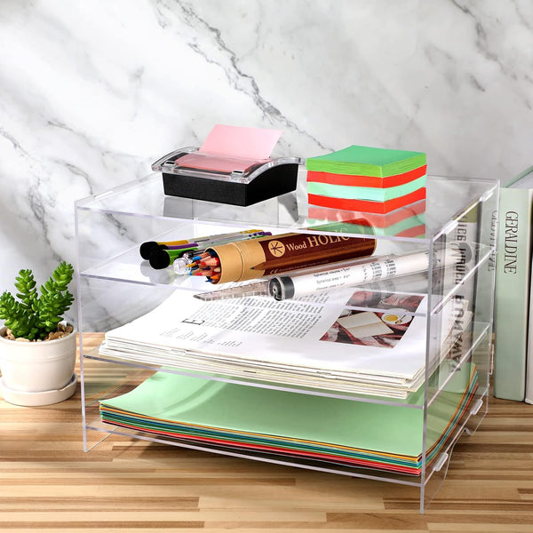 Paper Organizer Tray - 3 Tier Acrylic Desk Tray for Classroom Organization and Storage, Clear Stackable Document Holder